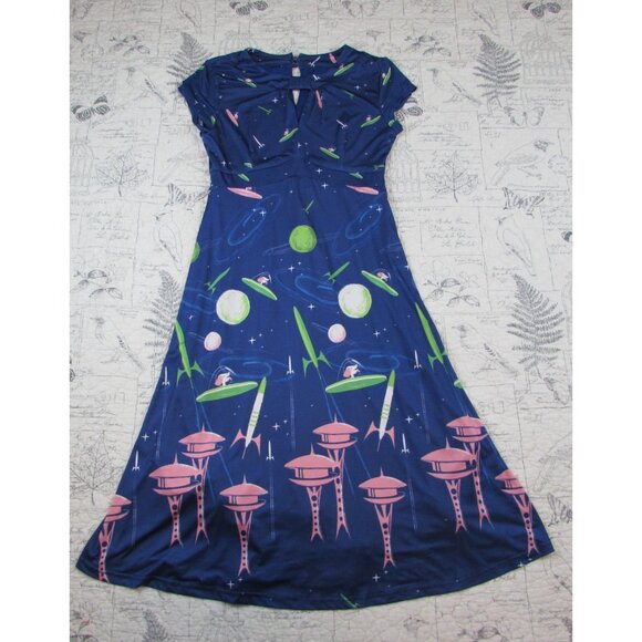 Lindy Bop Space Dog vintage inspired pin up retro dress keyhole stretch womens 4 - Picture 1 of 8